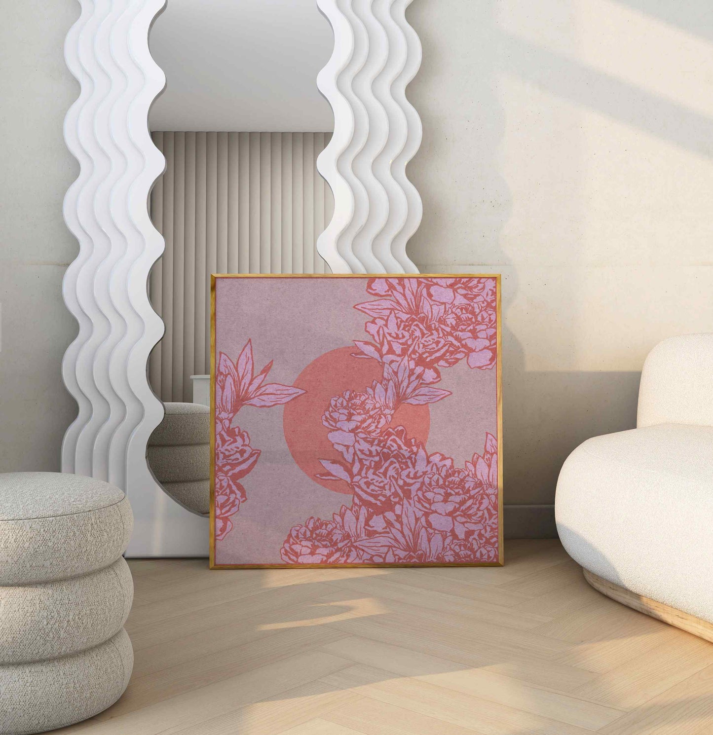 Vintage style poster with flowers motif, stands in a room with beige furniture