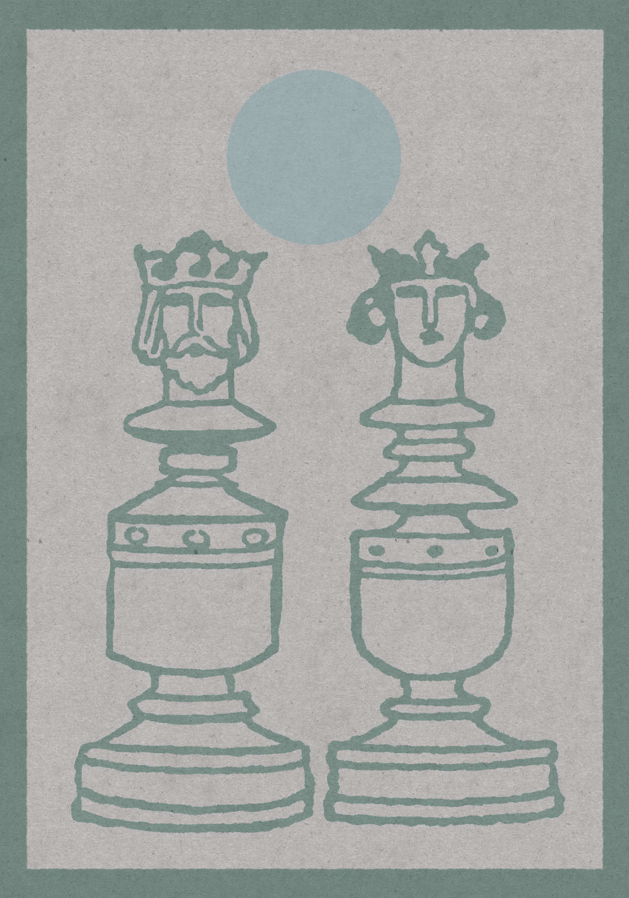 An art poster in shades of green, mint, and beige with a chess motif of a king and queen