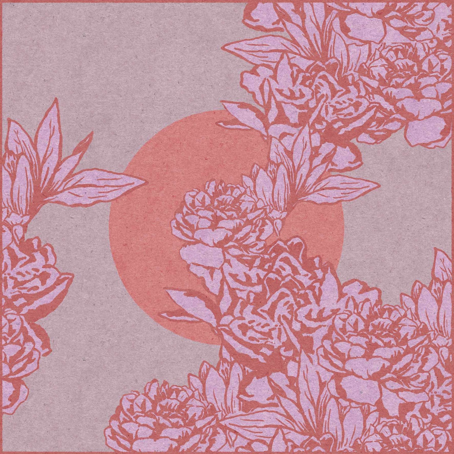 Poster with a sun and flowers motif in red and pink shades