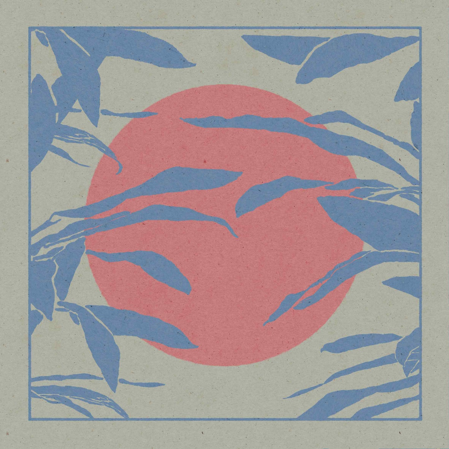 Art poster with an illustration of a big red sun and leafs motif