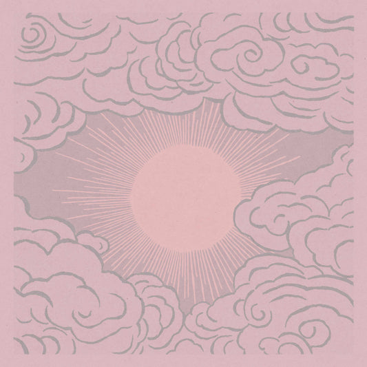 A vintage style poster with an illustration of the sun shining through clouds