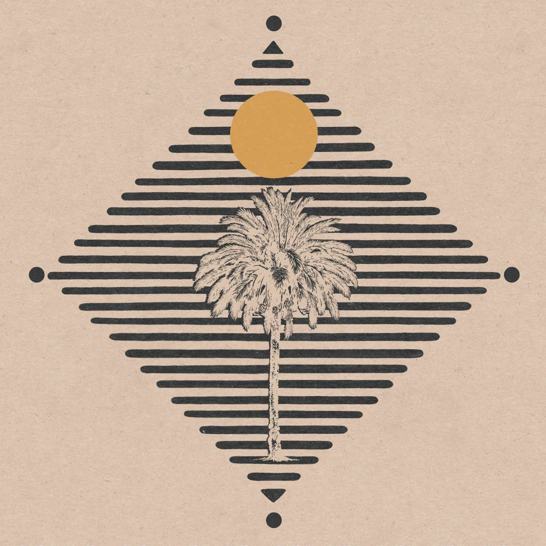 Boho art poster with a motif of a palm tree and sun