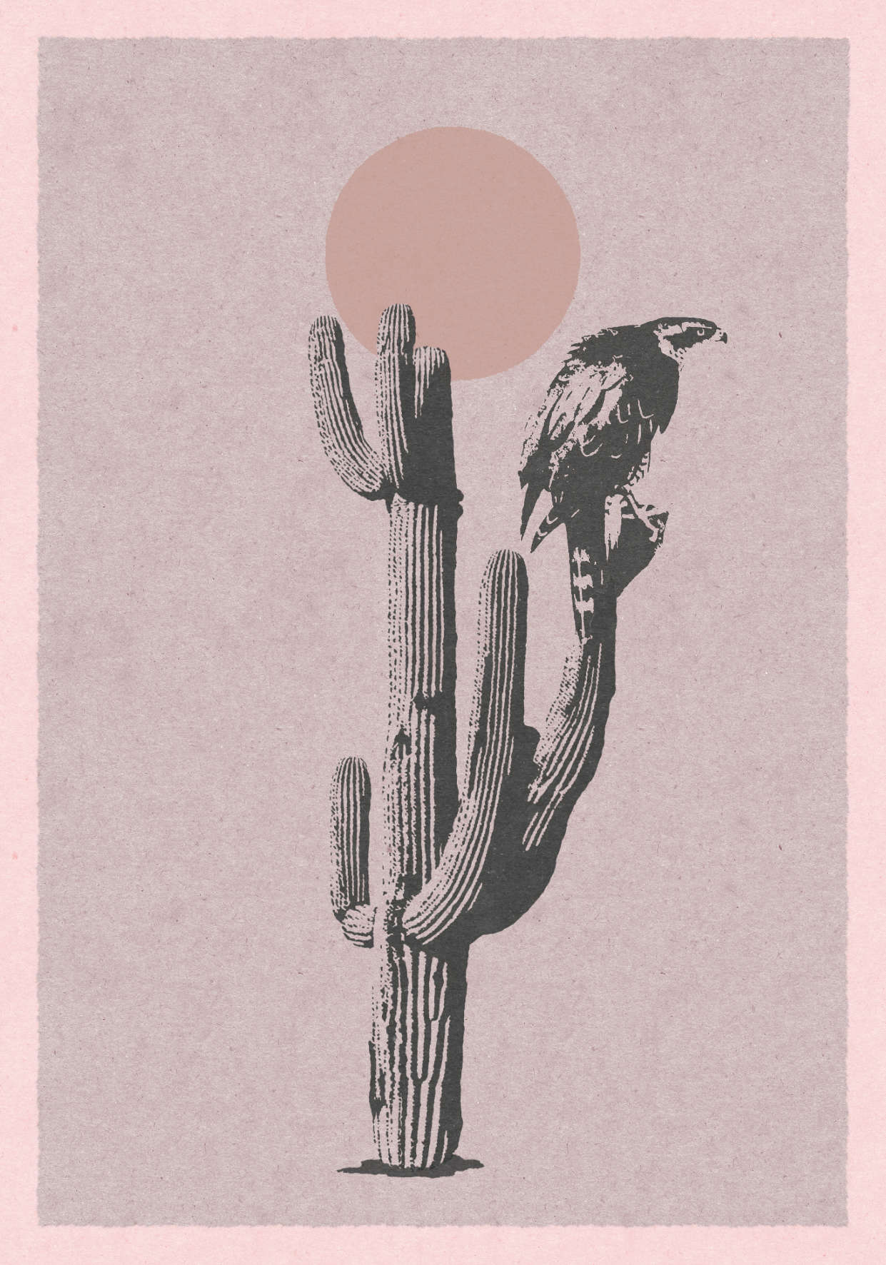 A poster with an illustration of the sun and a large cactus with a hawk sitting on it