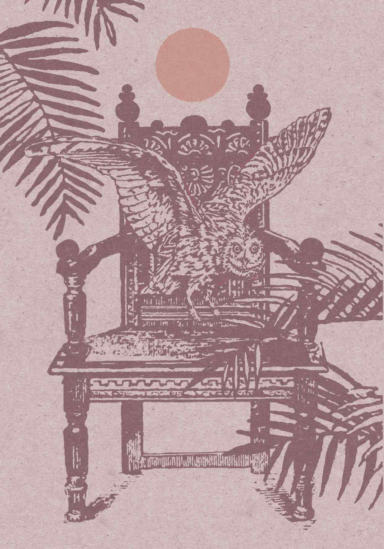 Art poster with an illustration of an owl on a throne among the palm trees