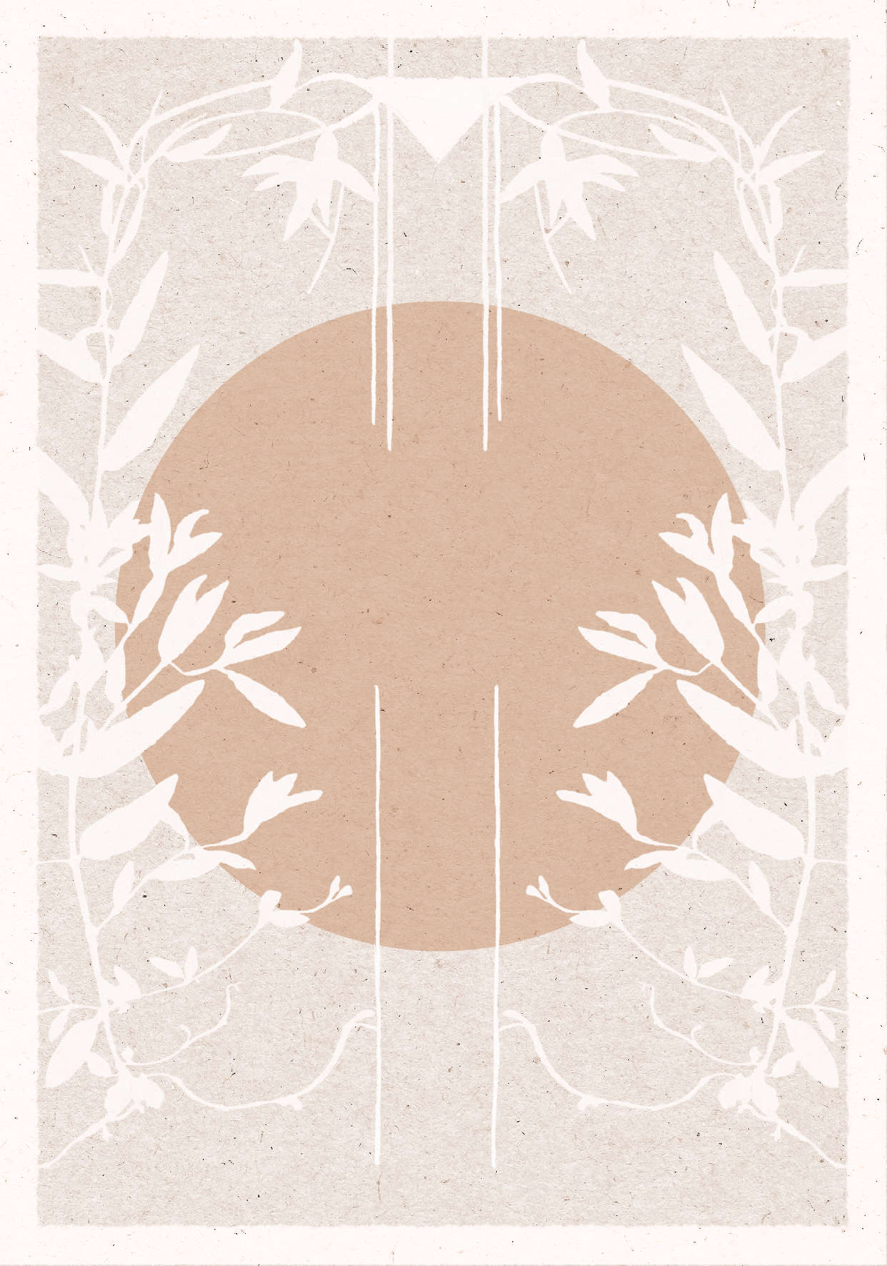A boho style poster in shades of beige with a plant motif and a large sun
