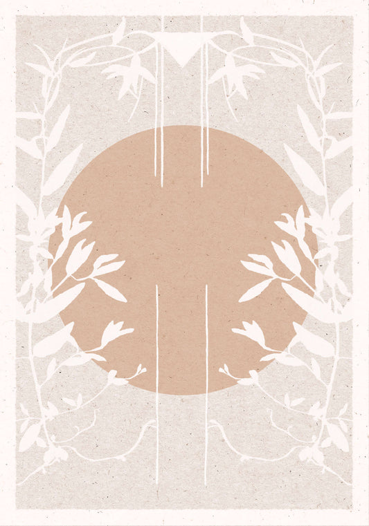 A boho style poster in shades of beige with a plant motif and a large sun