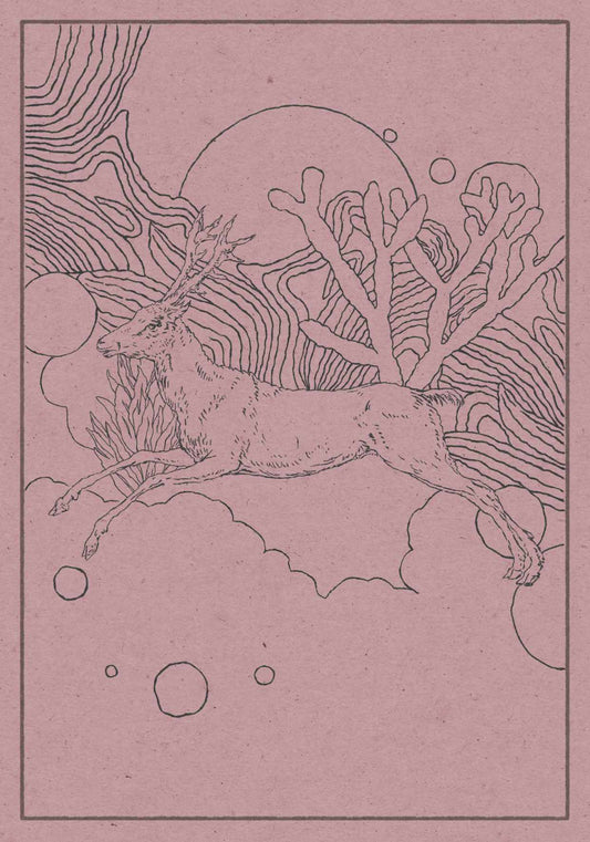 A poster with a fanciful illustration of a deer jumping in the clouds