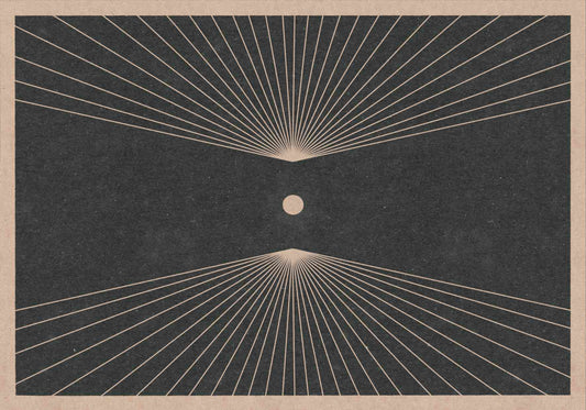 Poster in shades of black and mustard with an illustration of a sun in space