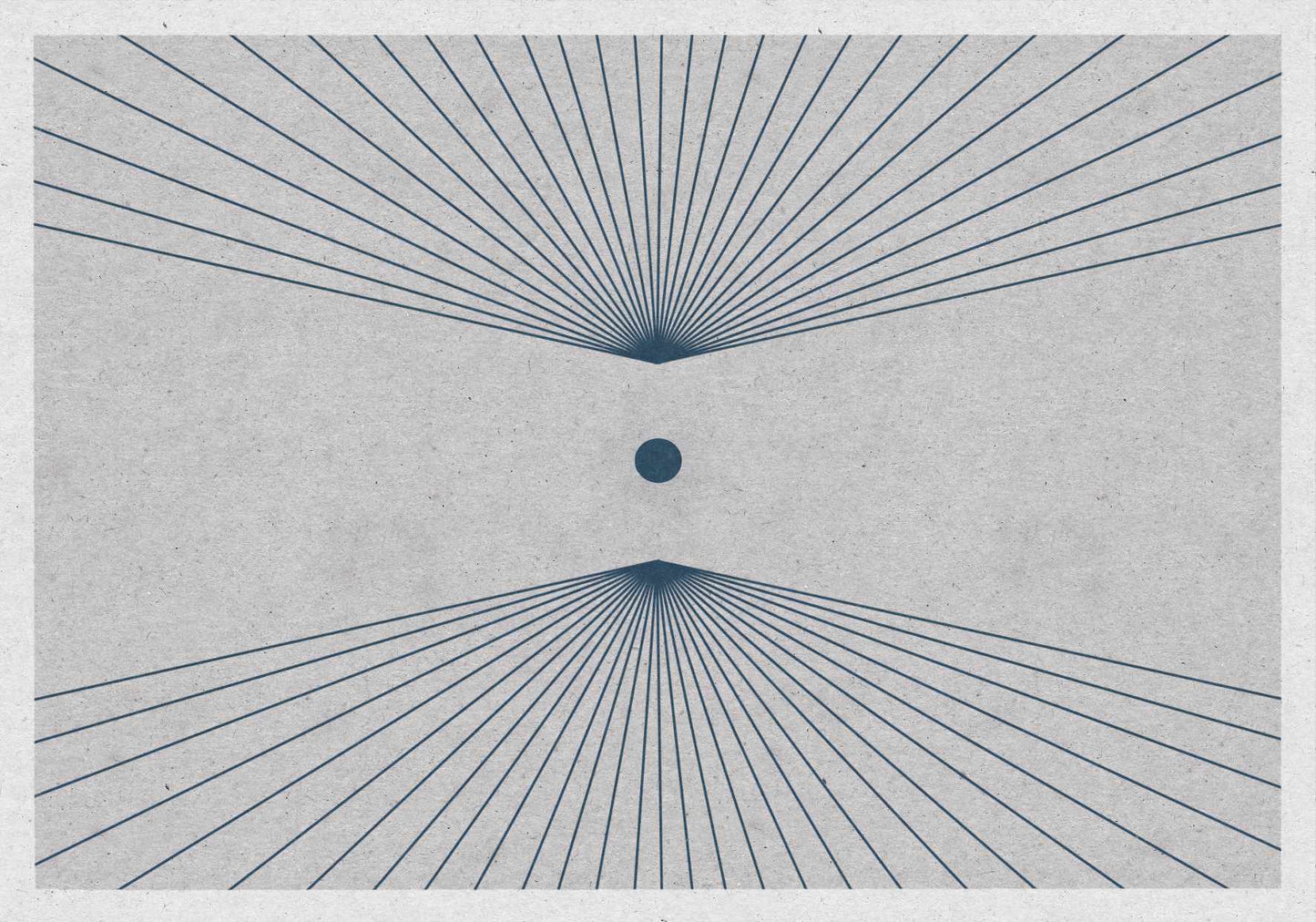 Minimalist art poster in shades of navy blue and gray with an illustration of a sun in space