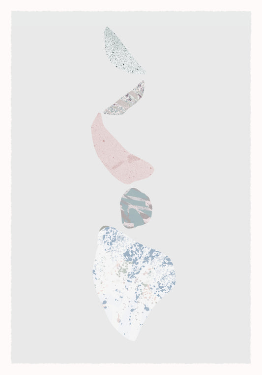 An abstract minimalist poster in shades of blue, orange, white, and gray