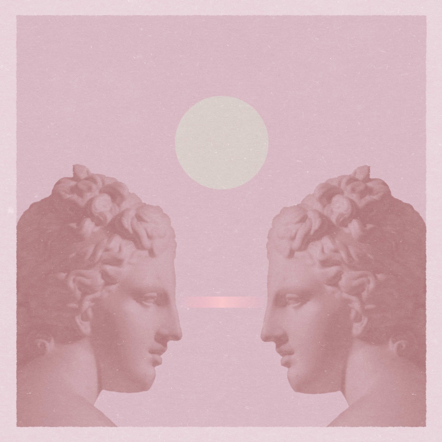 Art poster in shades of pink with two women looking at each other