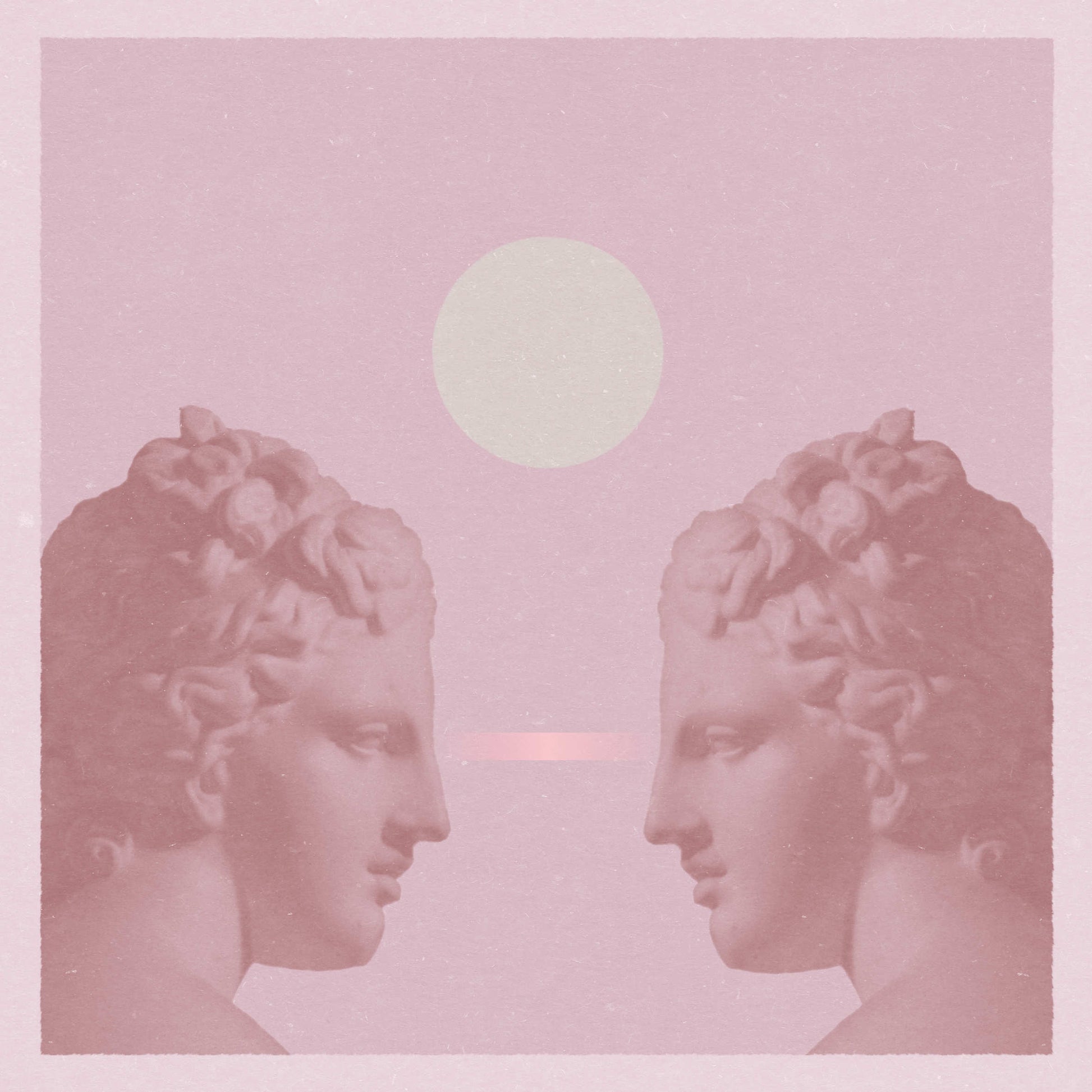 Art poster in shades of pink with two women looking at each other