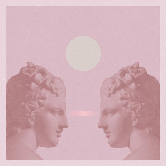 Art poster in shades of pink with two women looking at each other