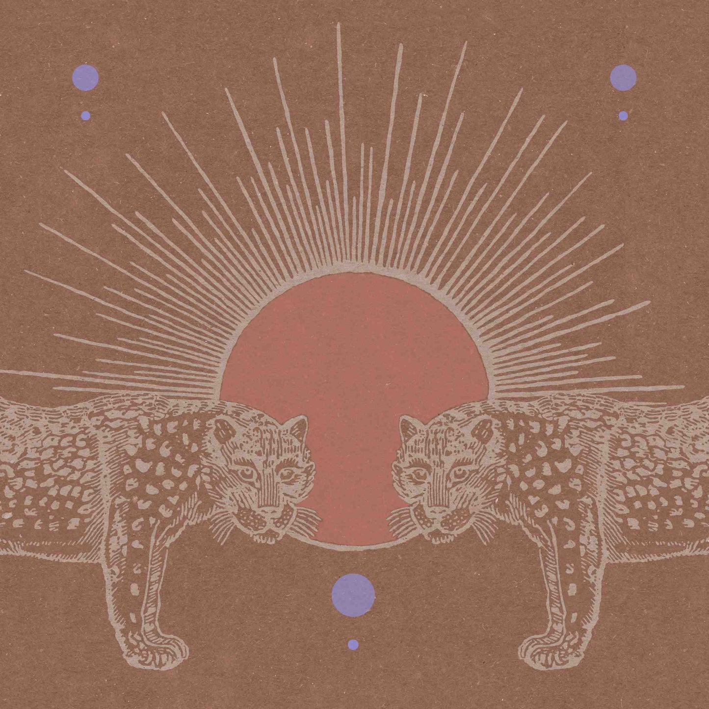 A poster with two cheetahs and a shining sun in shades of brown and beige