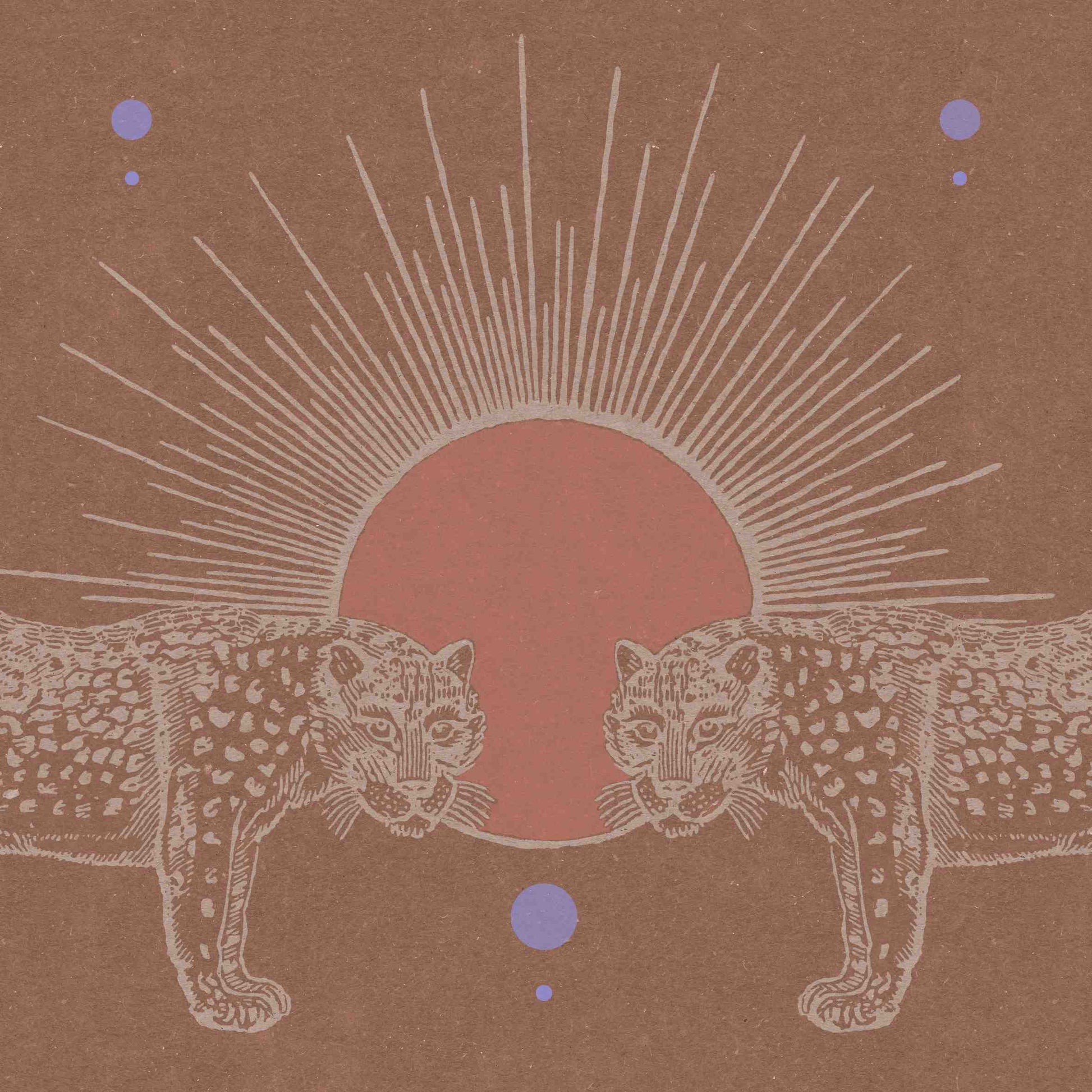 A poster with two cheetahs and a shining sun in shades of brown and beige