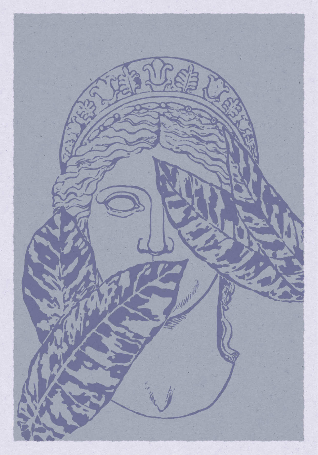 Poster with an illustration of an antique sculpture of women's faces and leafs motif in blue shades