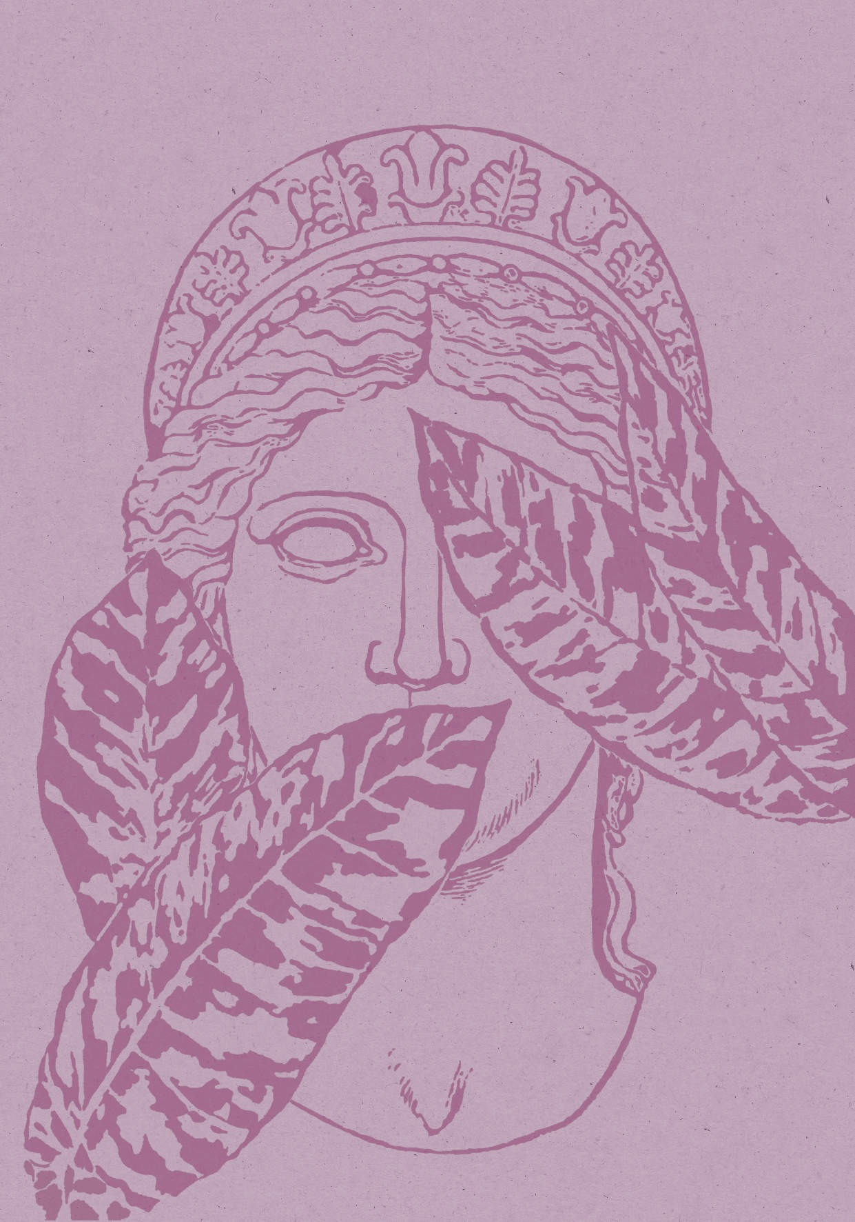 Poster with an illustration of an antique sculpture of women's faces and leafs motif in pink shades