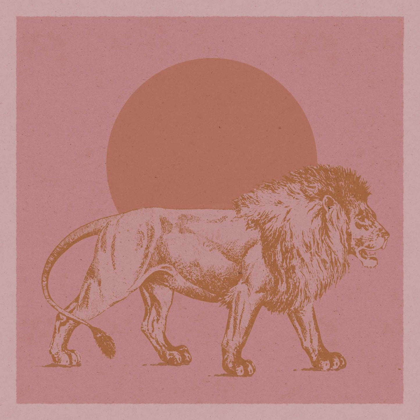 Boho poster with an illustration of a lion and sun in mustard and pink colors