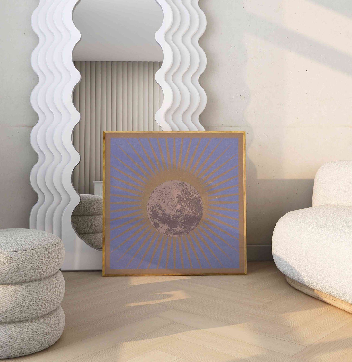 Boho poster with an illustration of a sun and moon, stands in the modern living room