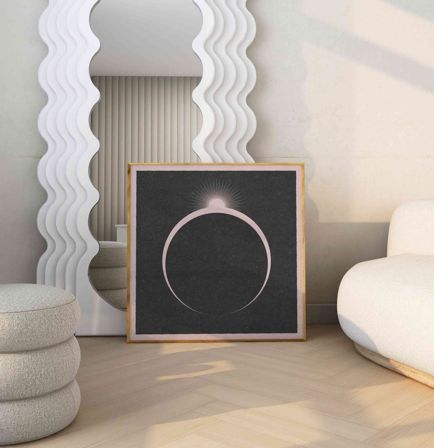 Framed minimalist boho poster with a motif of a sunrise over the Earth in space, stands in a modern room