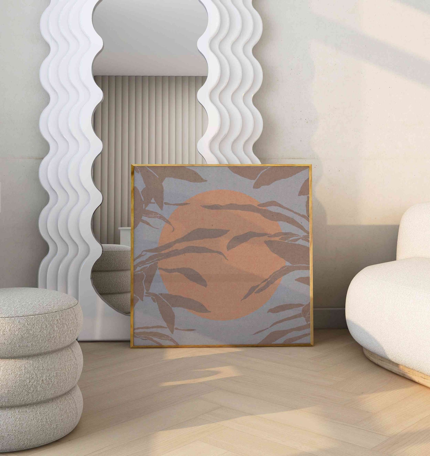 Art poster with an illustration of a big orange sun and leafs, stands in the modern living room