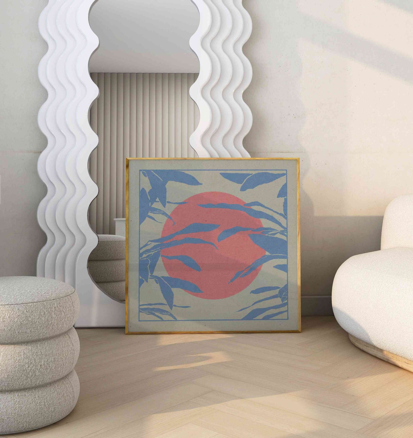 Art boho poster with an illustration of a big red sun and leafs, stands in the modern living room