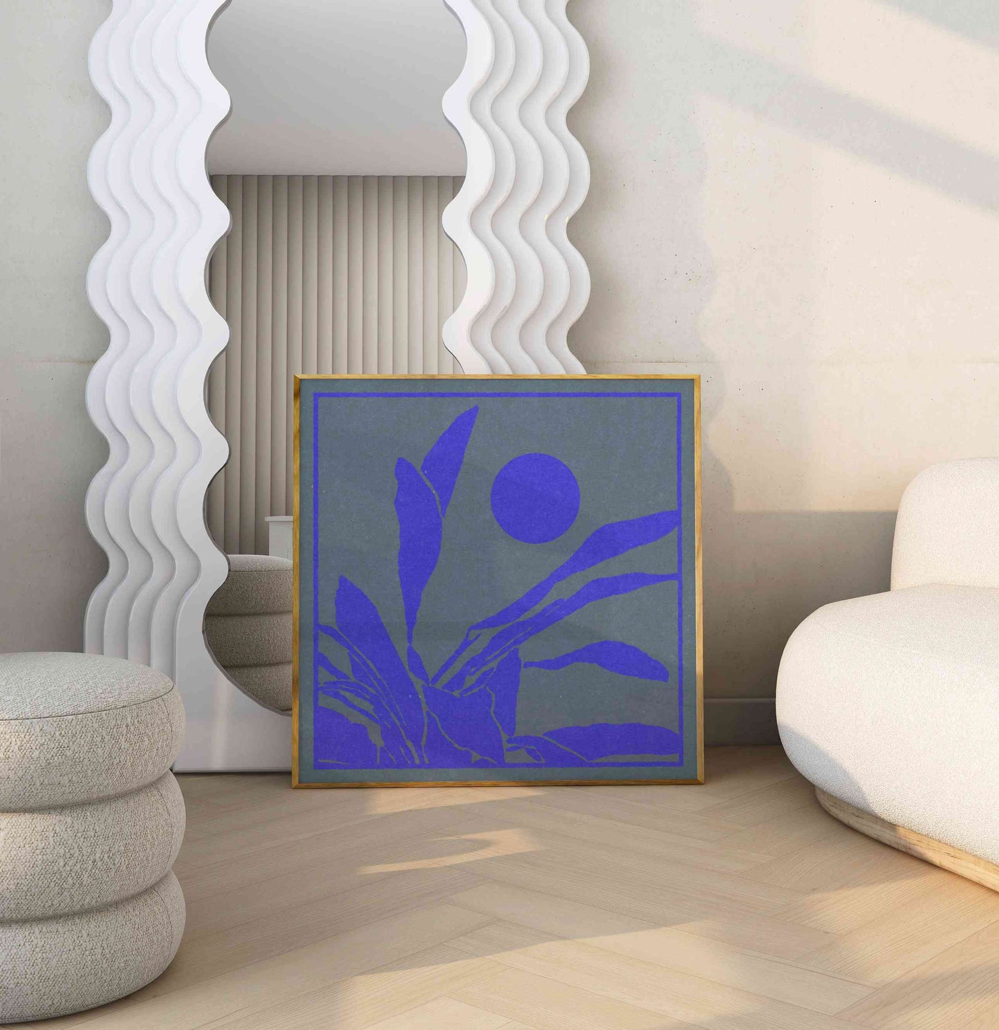 Boho art poster with a botanical illustration stands in the room with white furniture