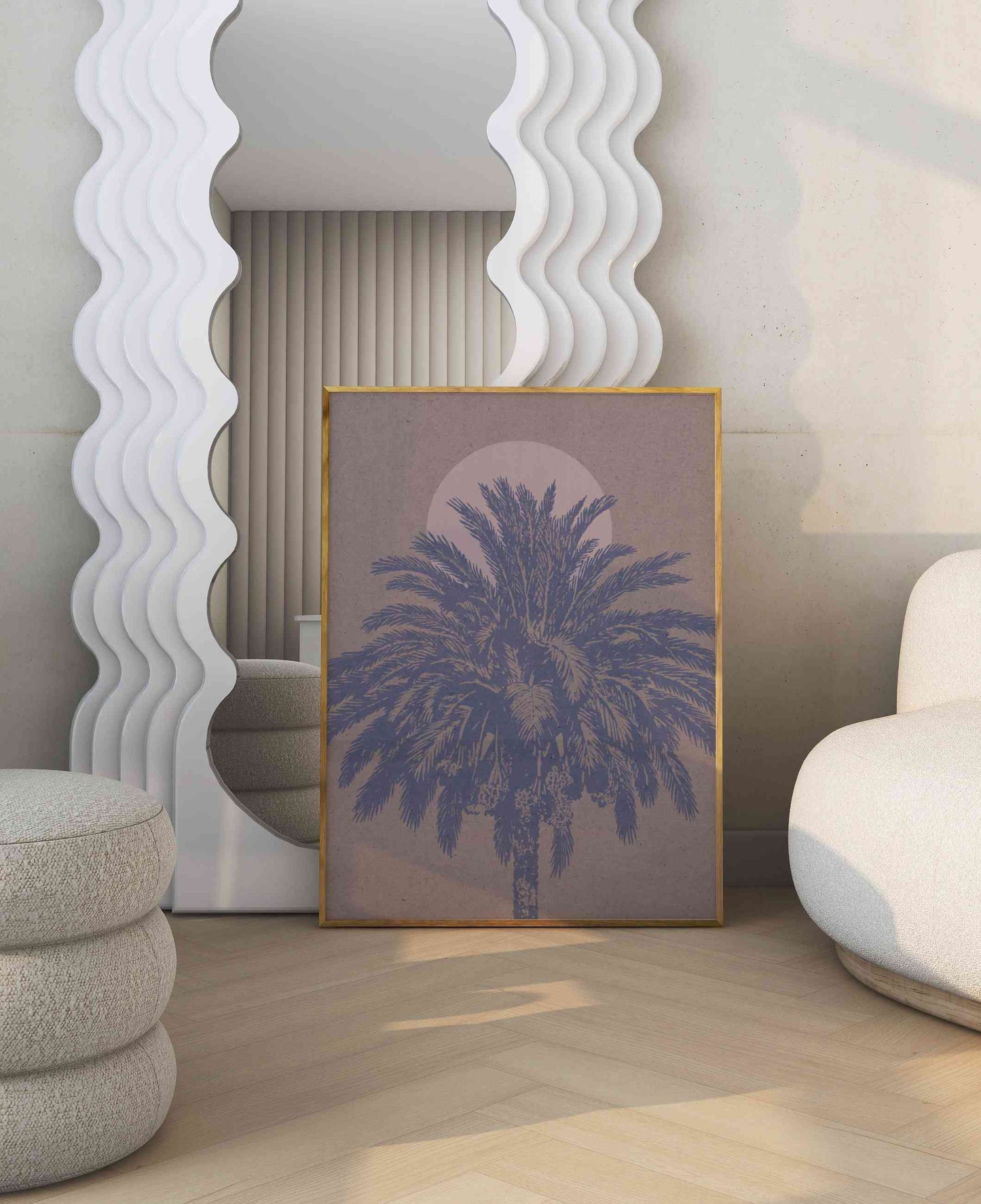 Art poster with an illustration of a palm tree and sun stands in the modern living room