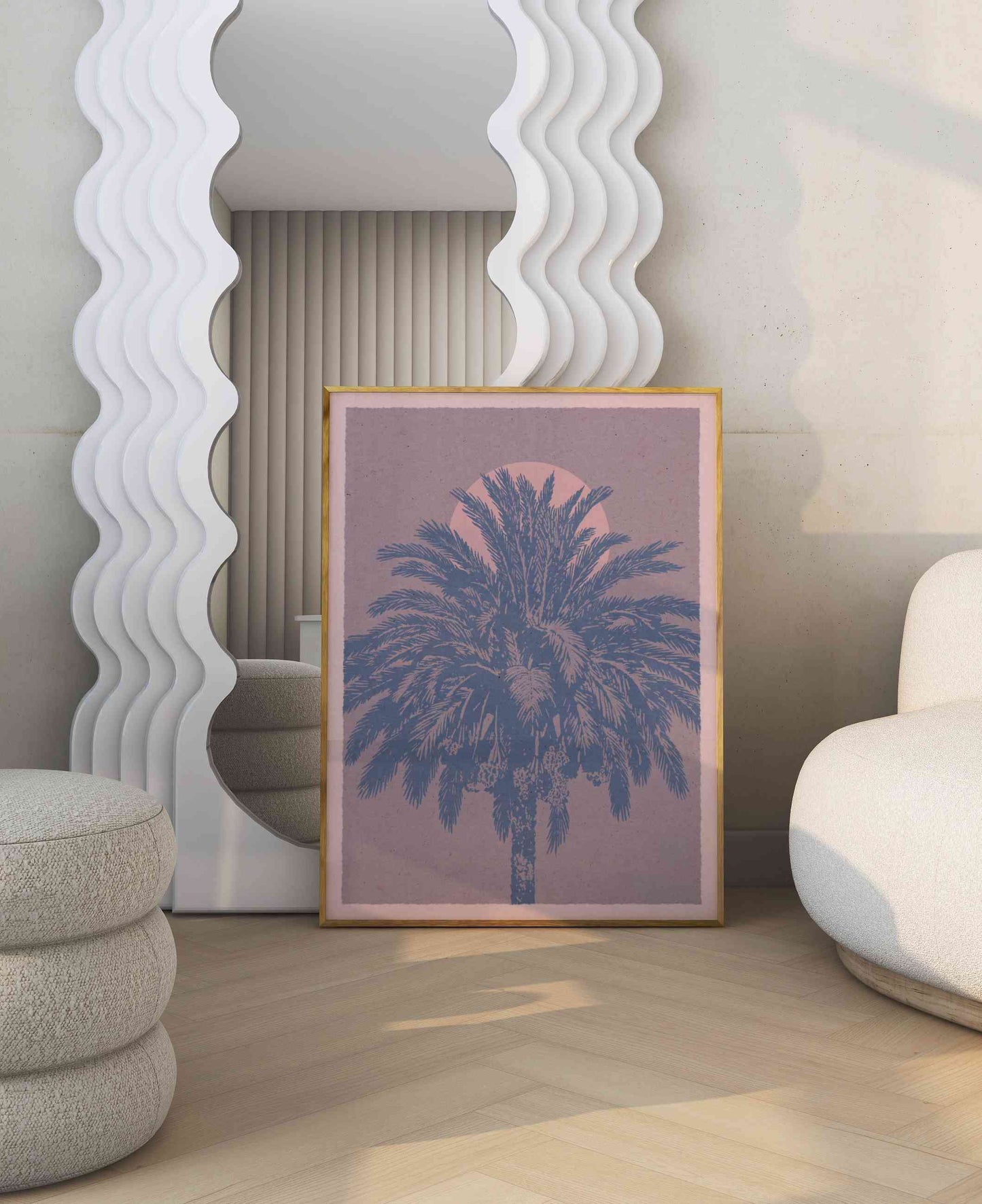 Boho art poster with an illustration of a palm tree and sun stands in the modern living room