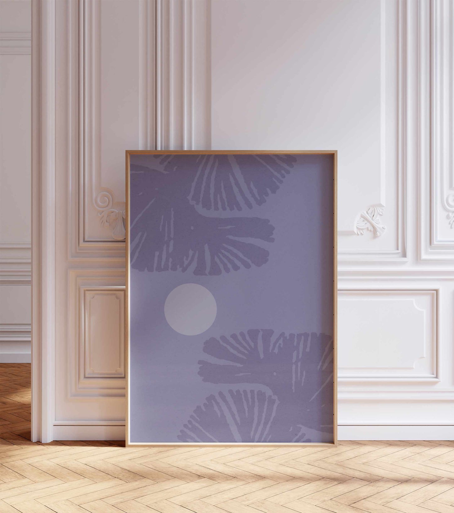 A purple shades poster with a leafs motif, stands in a room with white walls with ornaments