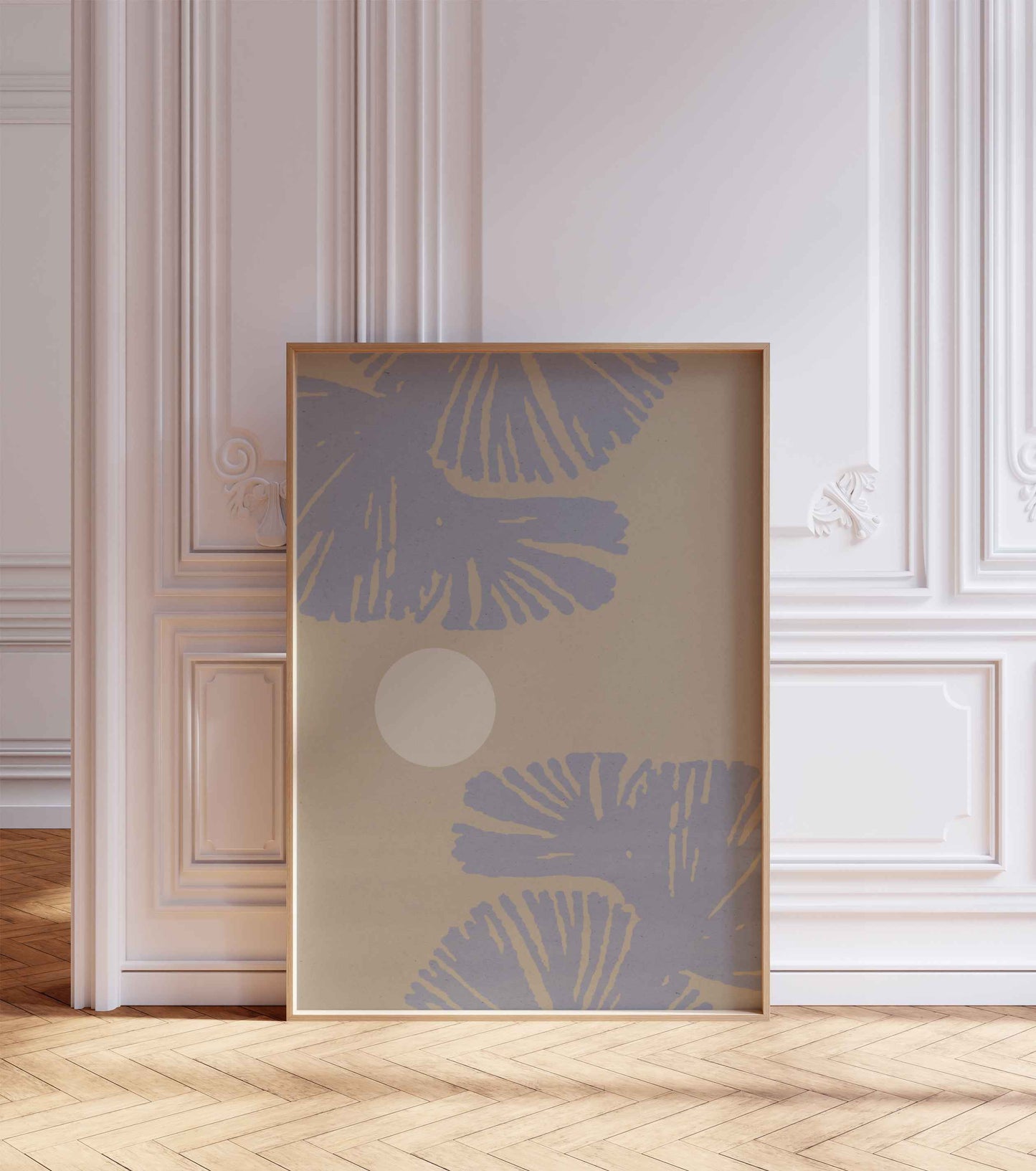 A green shades poster with a leaf motif, stands in a room with white walls with ornaments