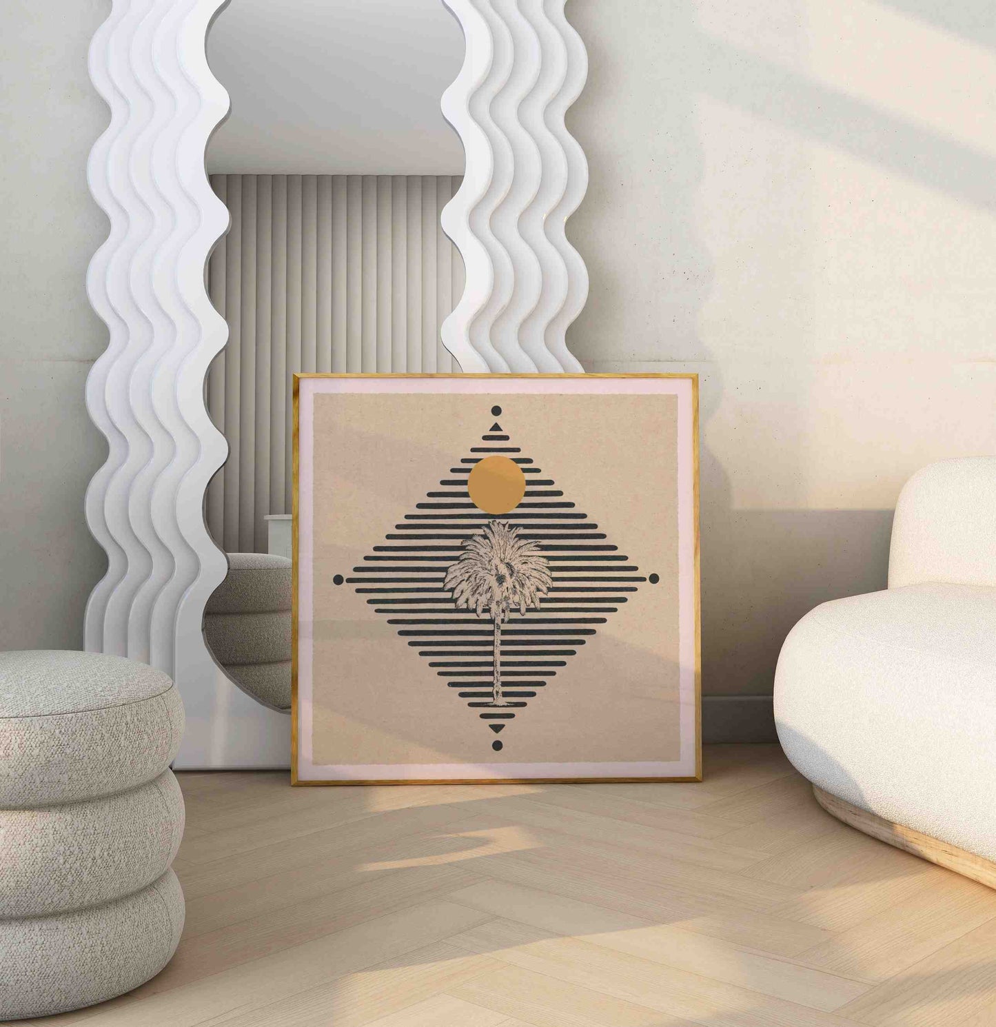 A poster in a wooden frame with an illustration of a palm tree and sun stands in a modern room.