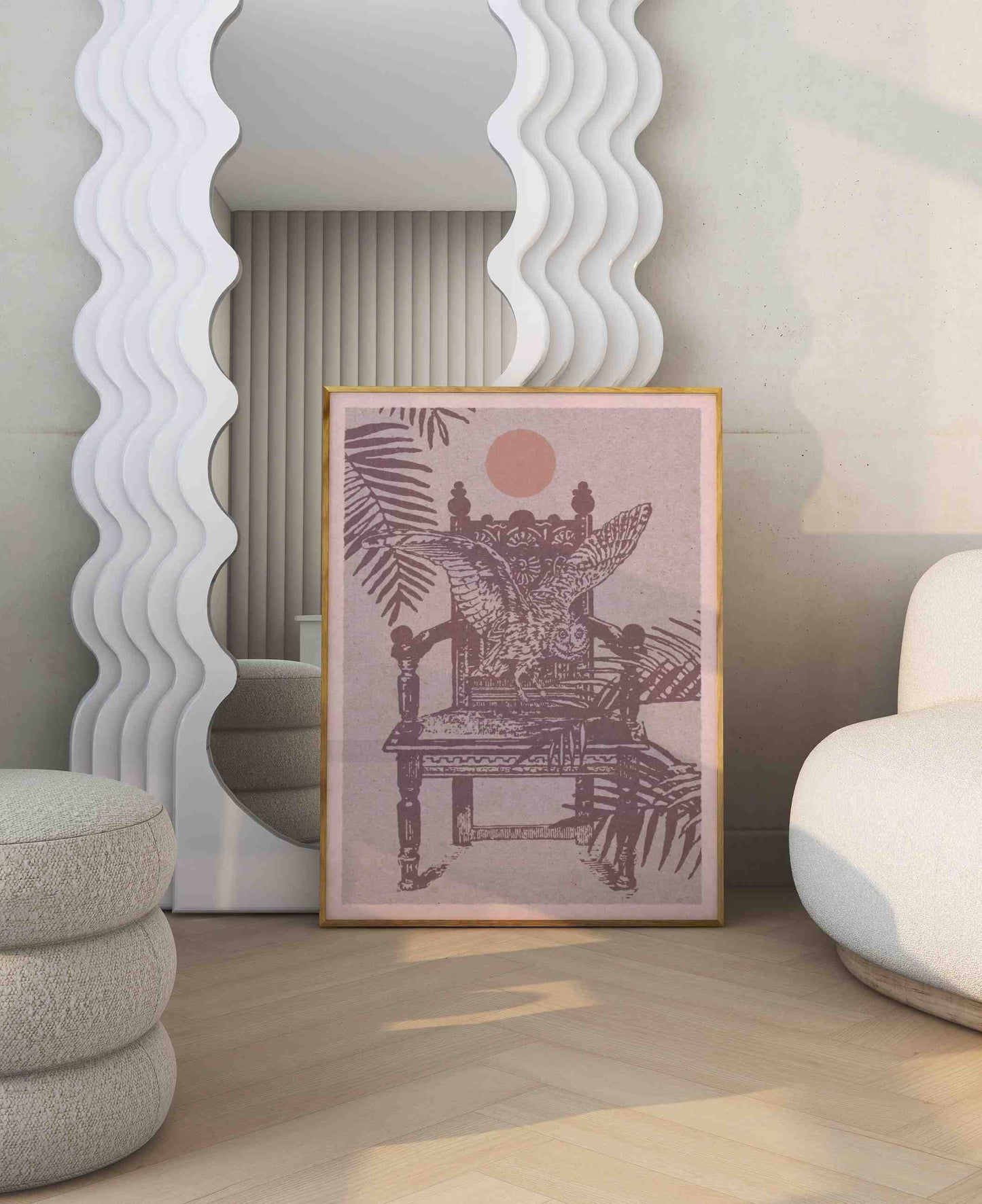 Art poster with an illustration of an owl on a throne among the palm trees stands in a bright room