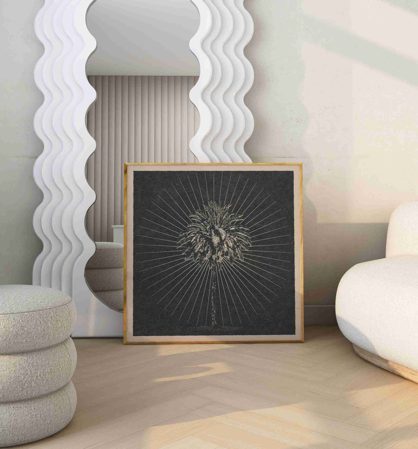 Framed retro style art poster with an illustration of a palm tree stands in the room with a big white mirror