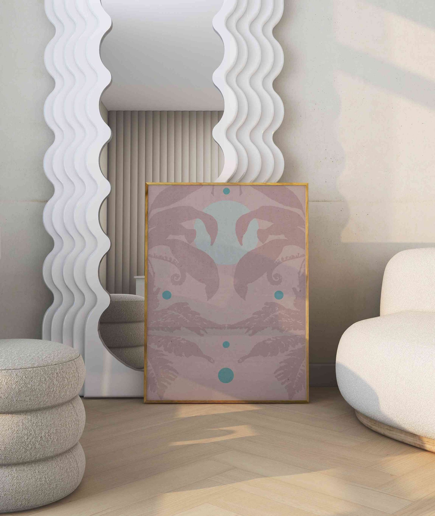 Framed boho style botanical motif poster in light brown, beige and mint color stands in the modern room