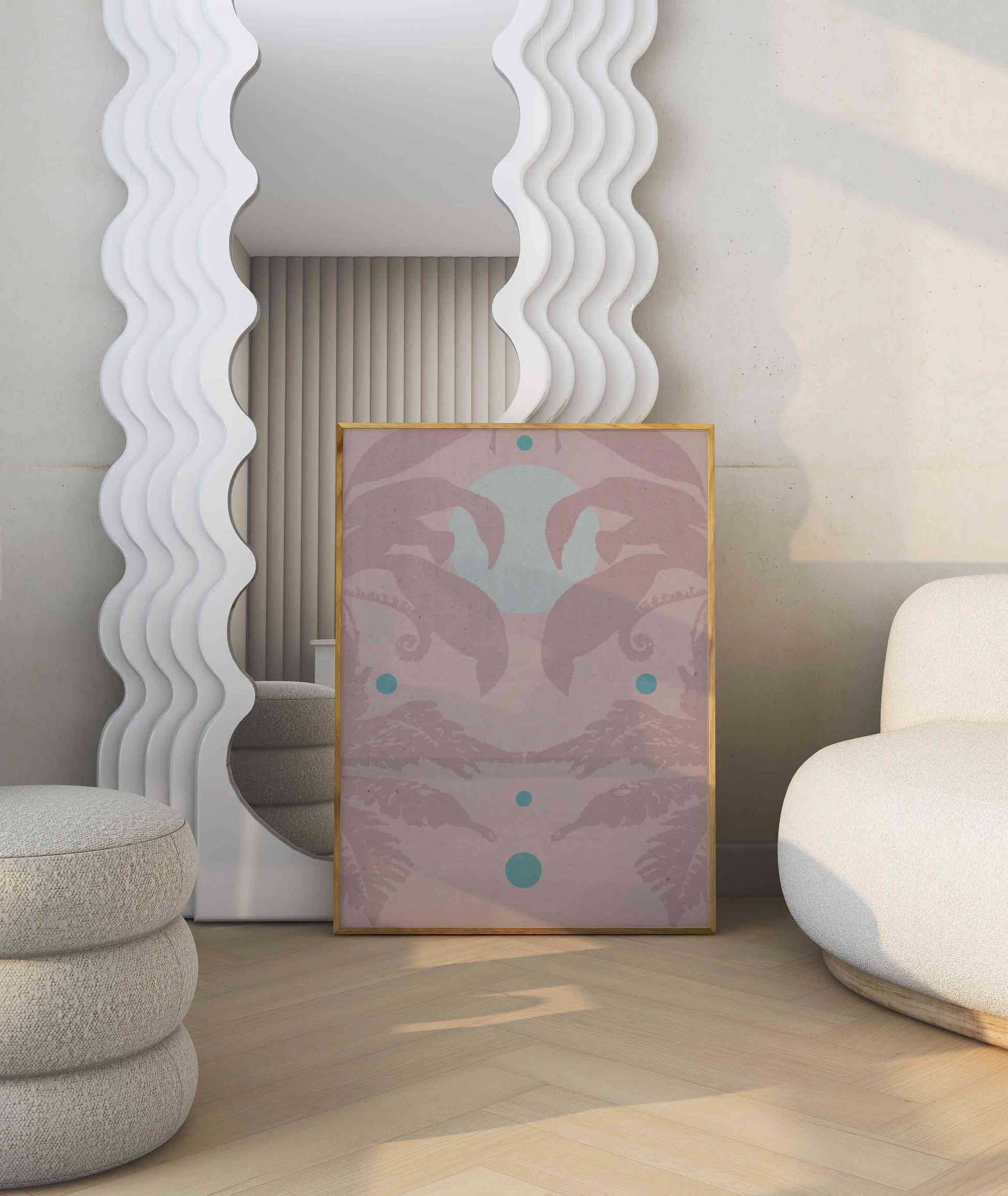 Framed boho style botanical motif poster in light brown, beige and mint color stands in the modern room