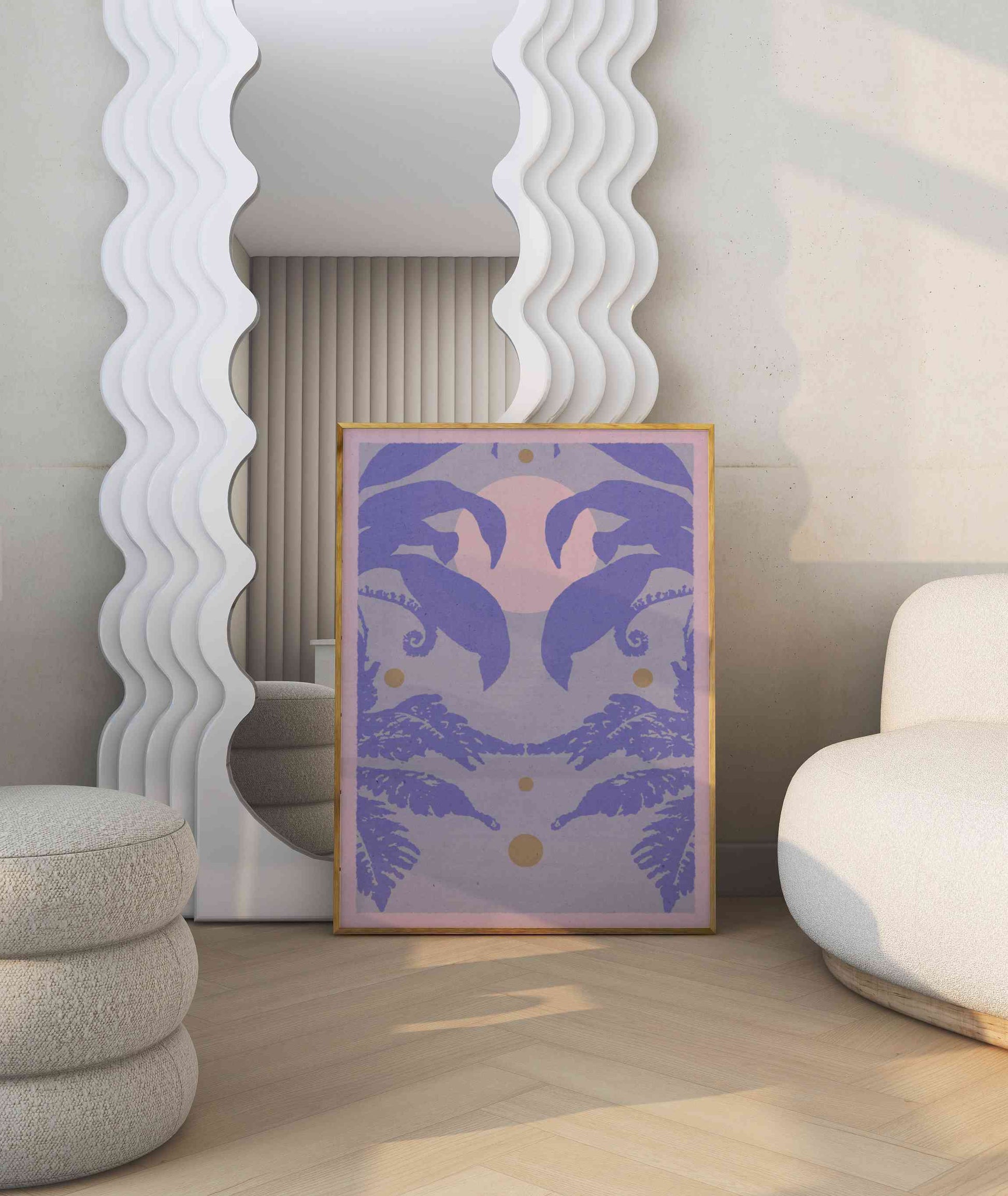 Boho style botanical motif poster in light brown, beige, and mint color, stands in the modern room