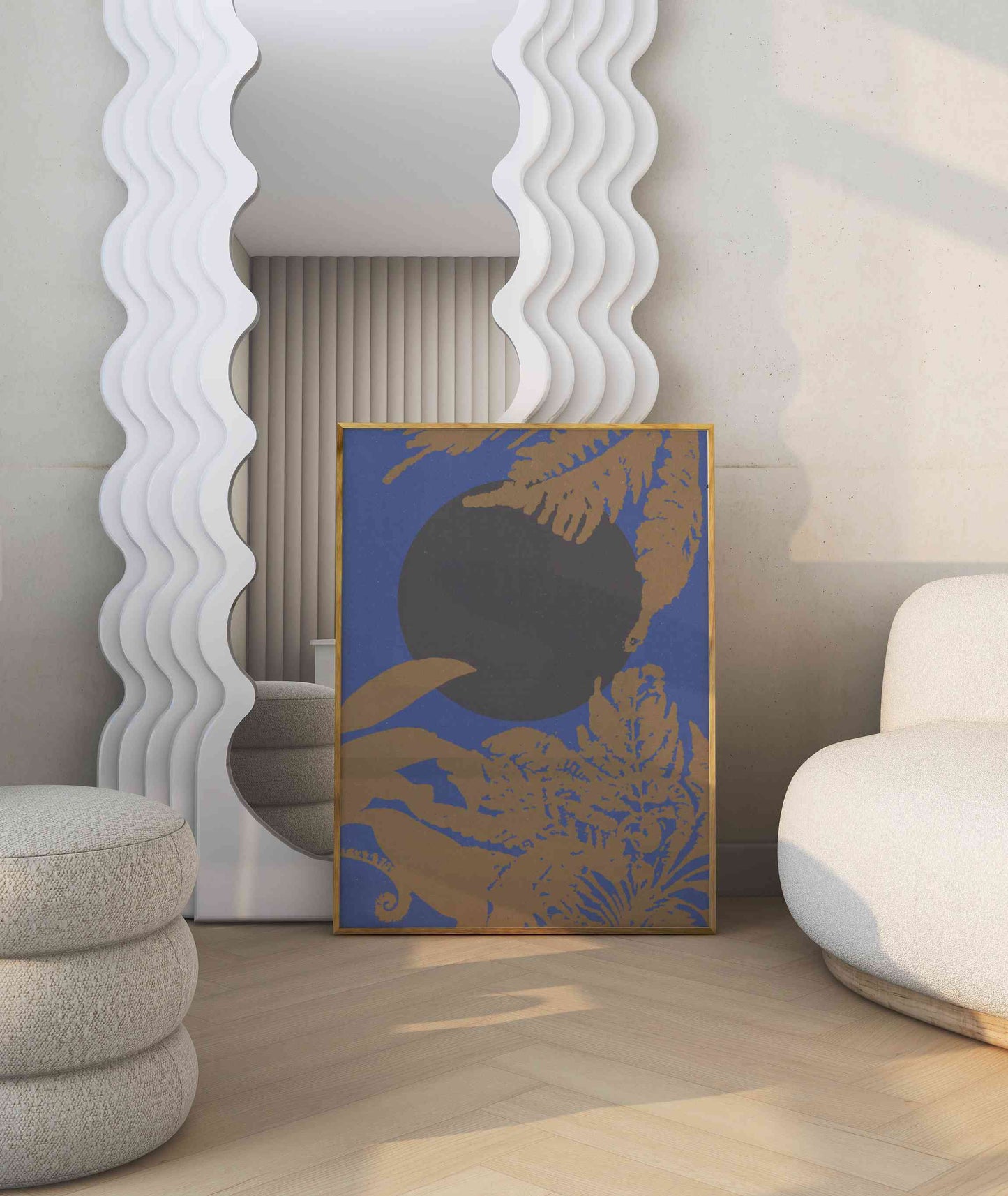 Vintage style botanical motif poster in blue and mustard color stands in a modern room