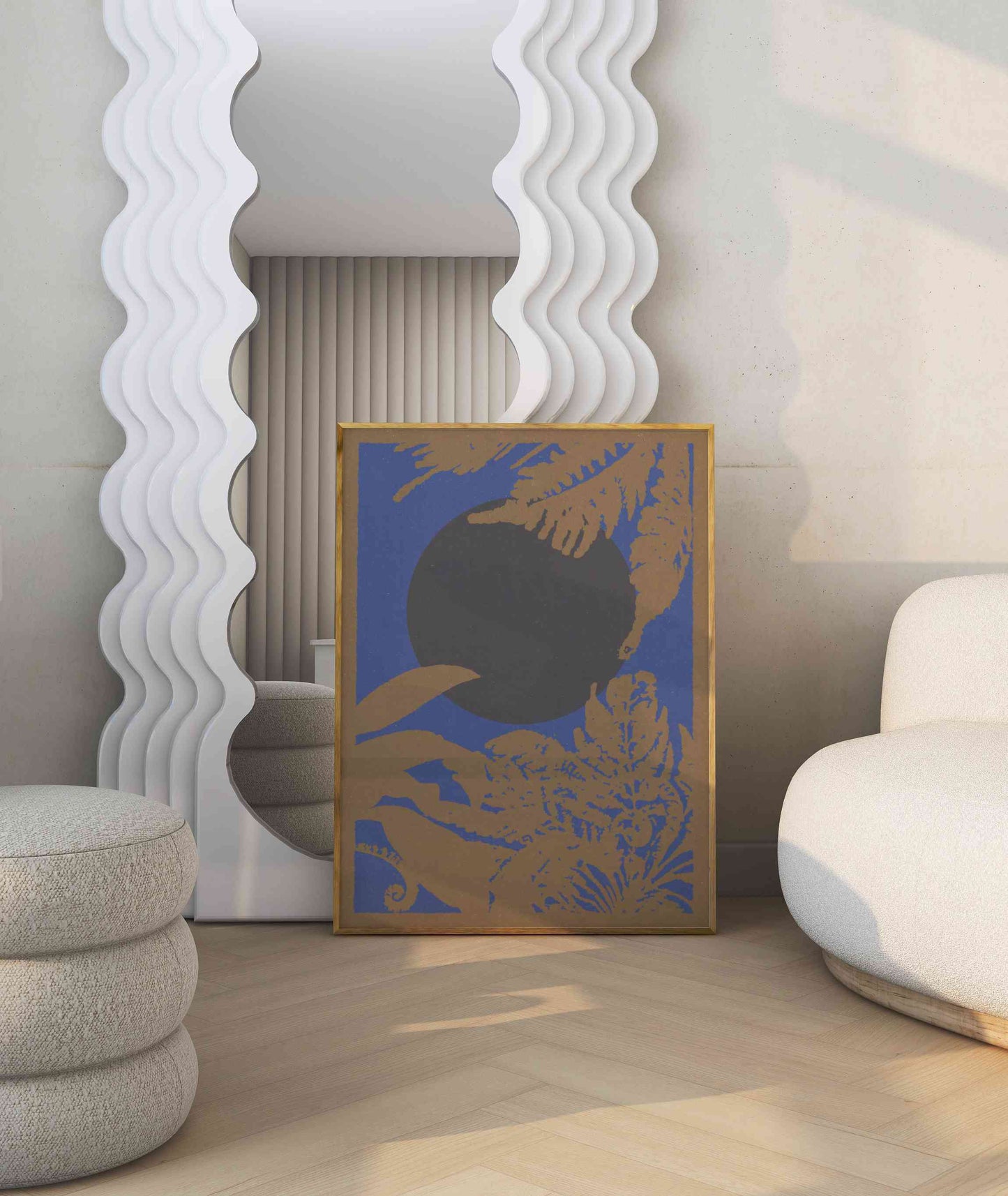 Framed boho style botanical motif poster in blue and mustard color stands in a modern room
