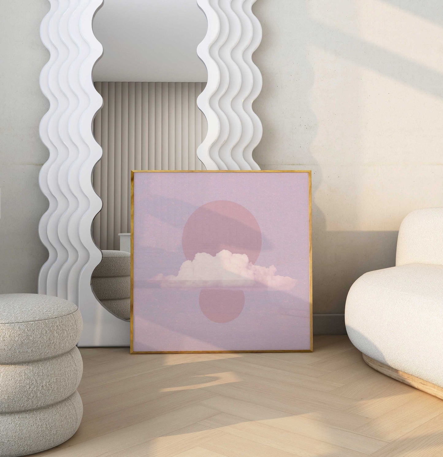 A boho poster in a room with cream furniture and a large white mirror