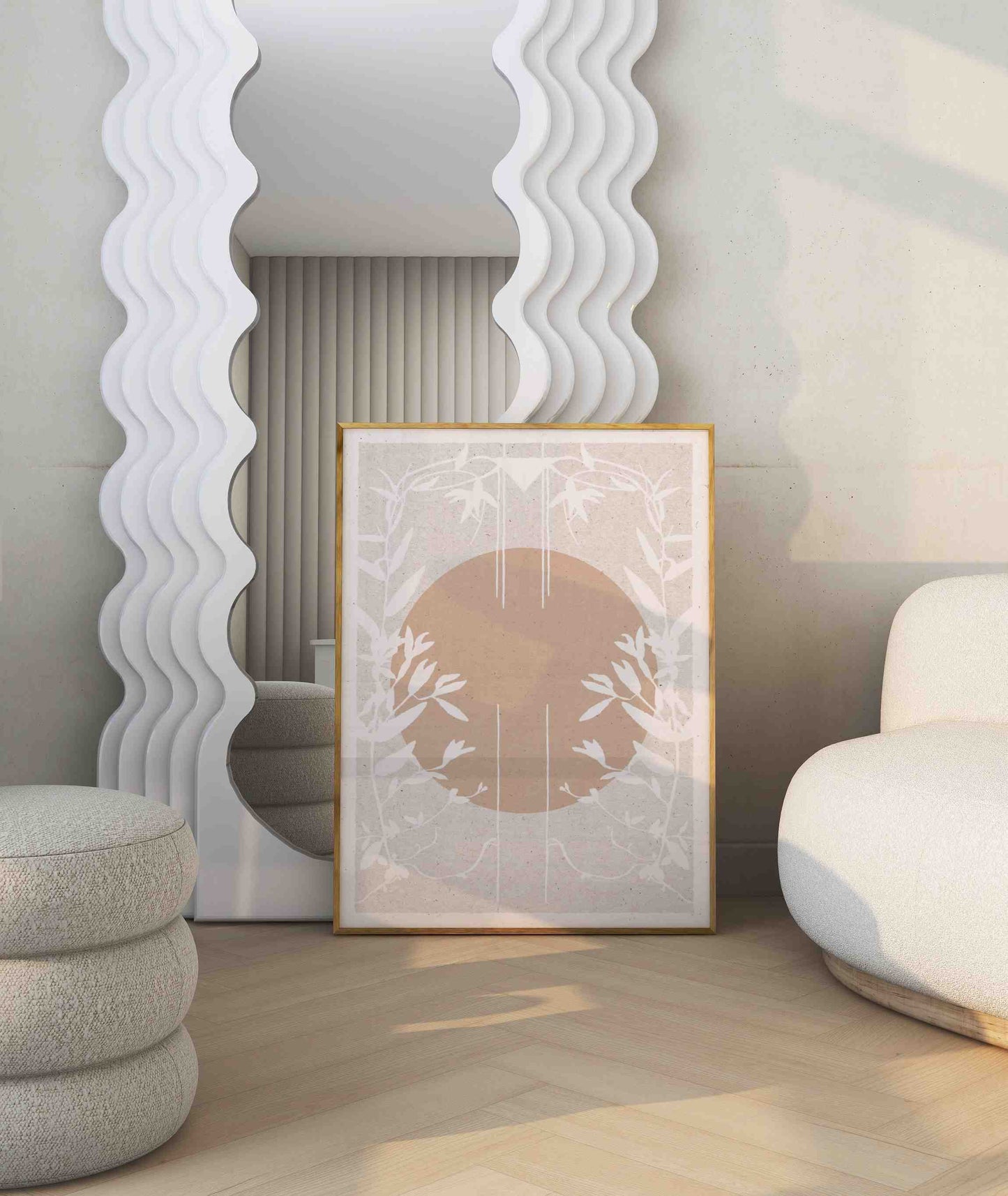 A boho poster with a sun and plants motif stands in a room with a large white mirror and light furniture