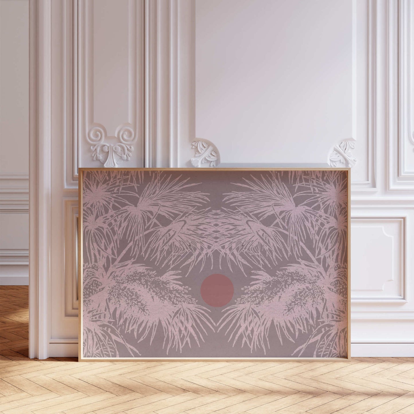 Boho art poster with an illustration of palm leaves and a sun motif stands in room with white walls with ornaments