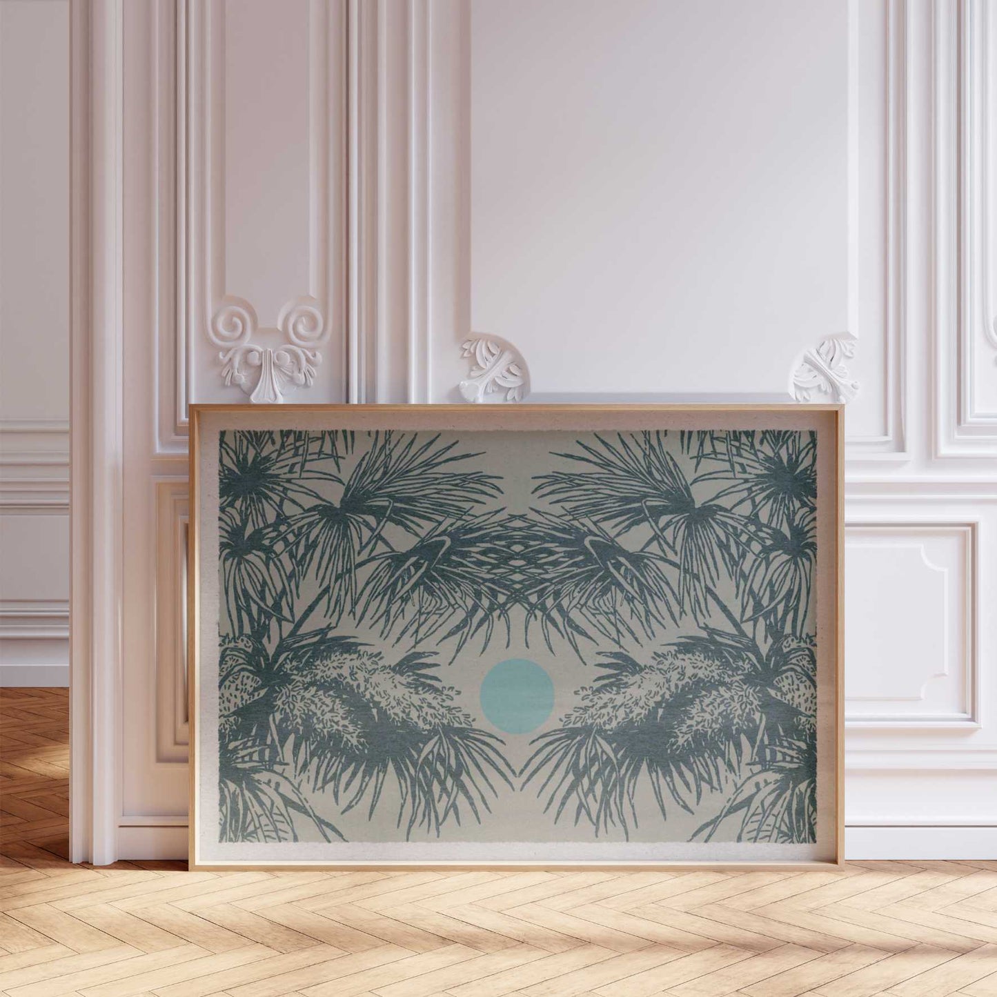 Boho art poster with an illustration of palm leaves and a sun motif stands in the room with a wooden floor