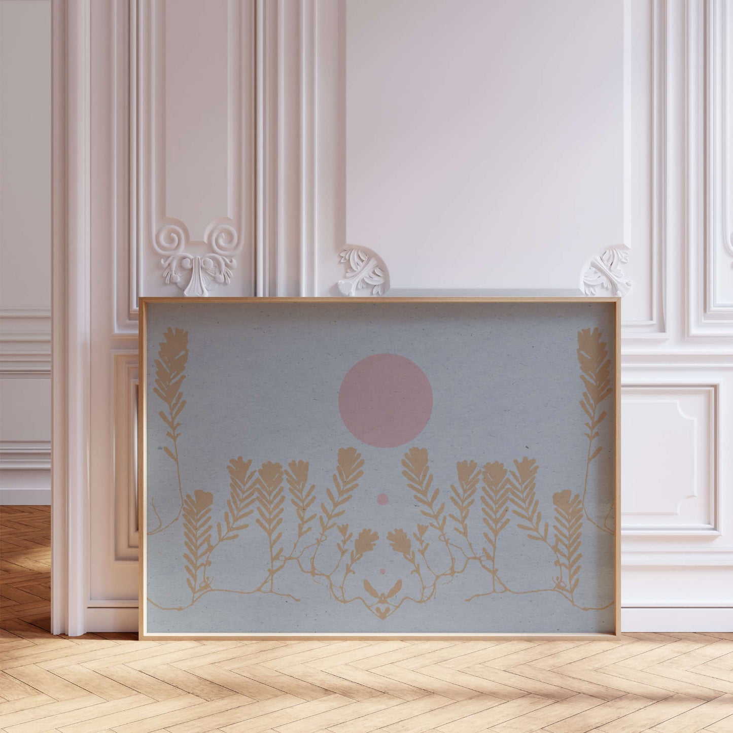 Boho art poster with an illustration of a botanical motif stands in the room with wooden floor