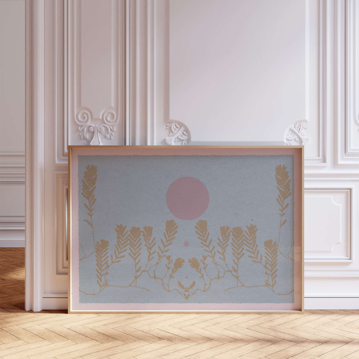 Boho poster with an illustration of a botanical motif stands in the room with white walls with ornaments