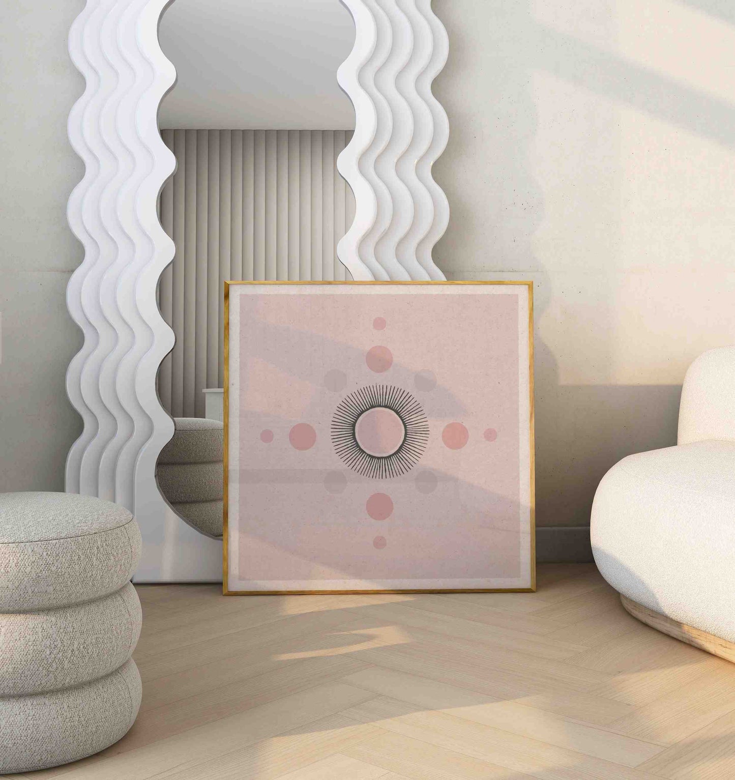 Boho style poster with a minimalist illustration of a sun stands in a modern bright room