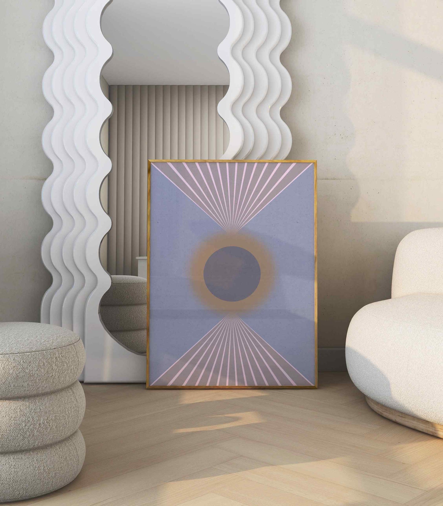 Blue abstract poster stands in the modern room with white furniture