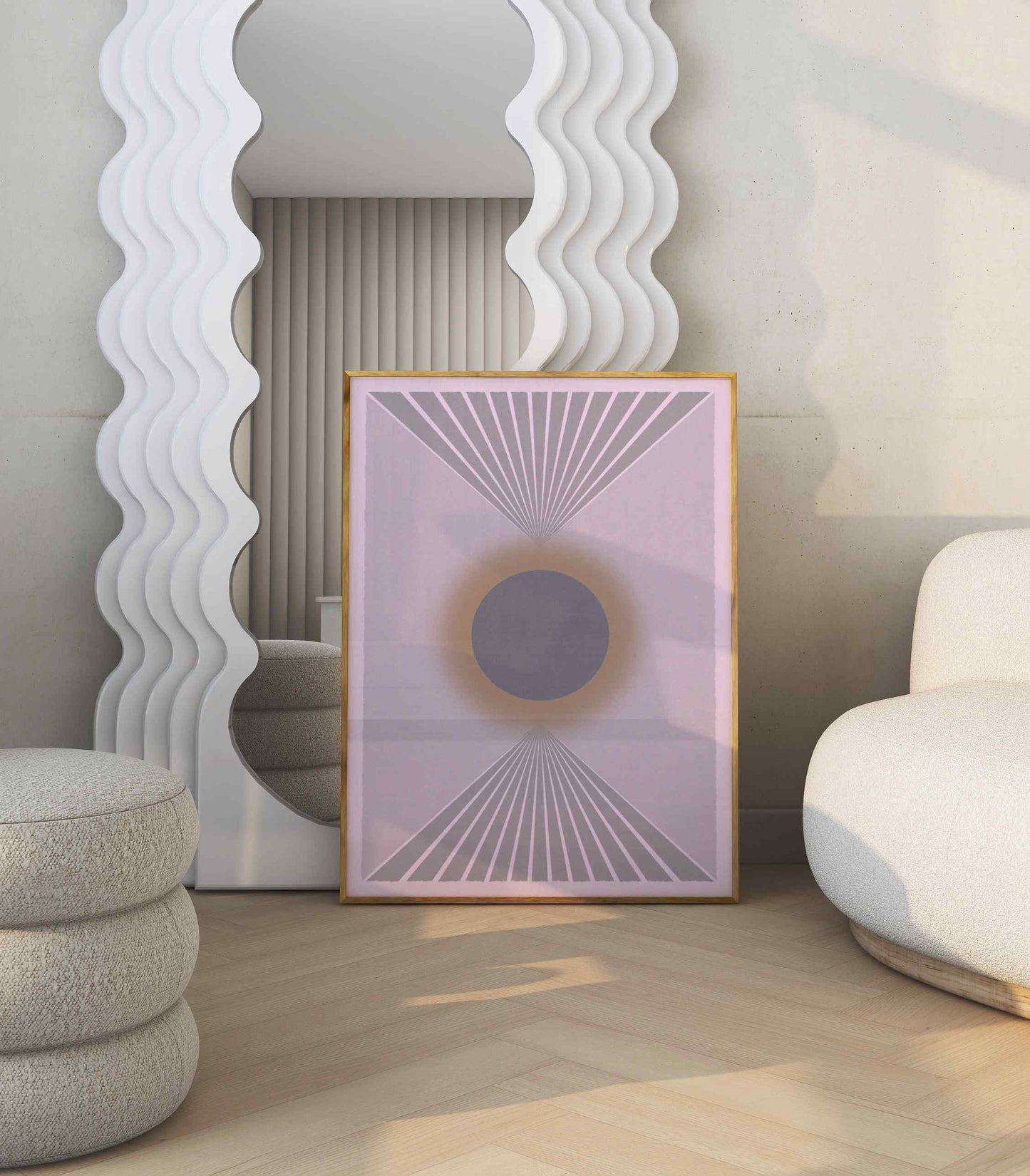 Light pink abstract poster stands in the modern room with white furniture and a big mirror