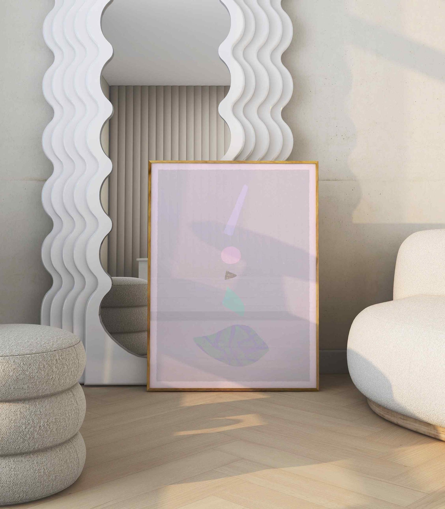 Minimalist abstract poster in shades of pink, blue, purple and beige stands in bright room
