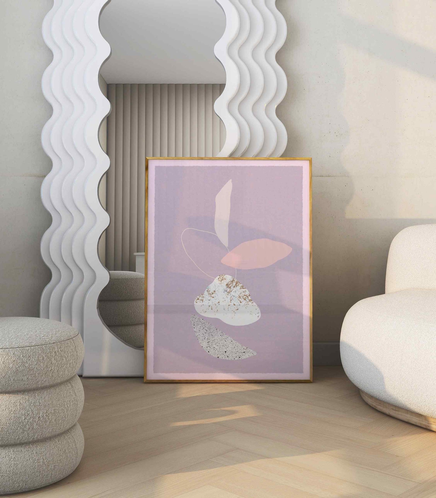 Wall art with an abstract composition of shapes in white, pink and apricot colors stands in a bright room